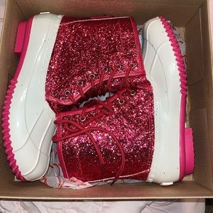 Sparkly pink duck boots